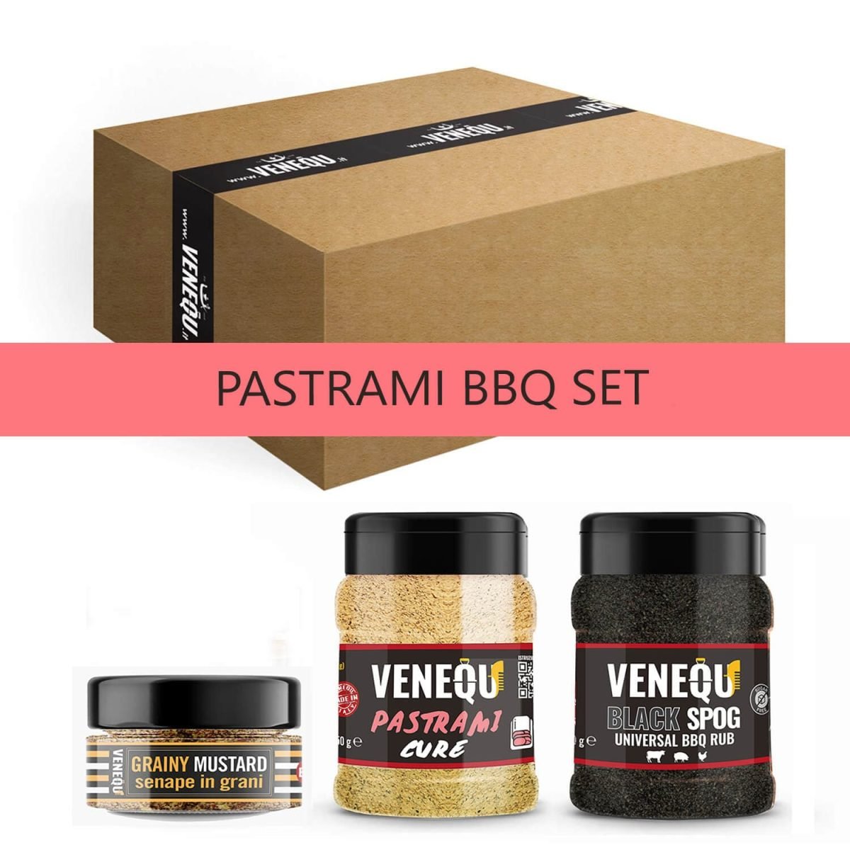 VENEQU PASTRAMI BBQ SET - Cura per Pastrami, Black SPOG Rub e Senape Gourmet